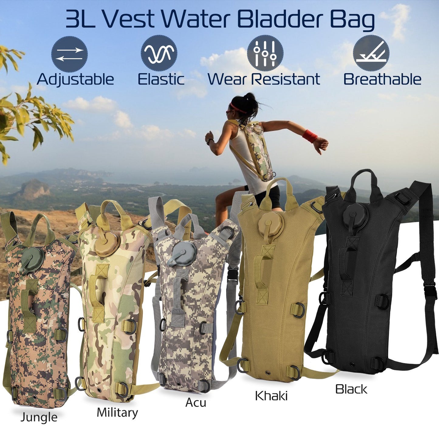 Tactical Hydration Pack 3L Water Bladder Adjustable Water Drink Backpack