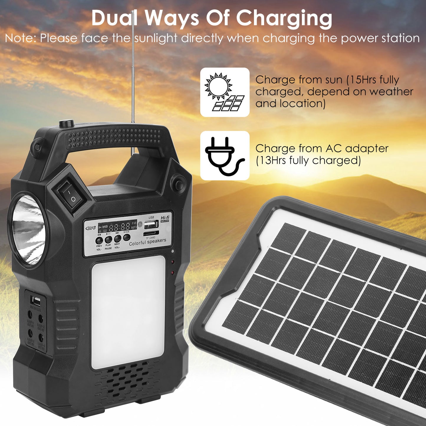 Portable Solar Power Station Rechargeable Backup Power Bank w/Flashlight 3 Lighting Bulbs For Camping Outage Garden Lamp